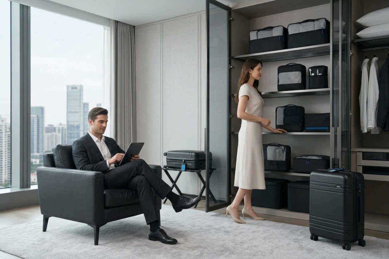 Closet shelves organized with travel accessories